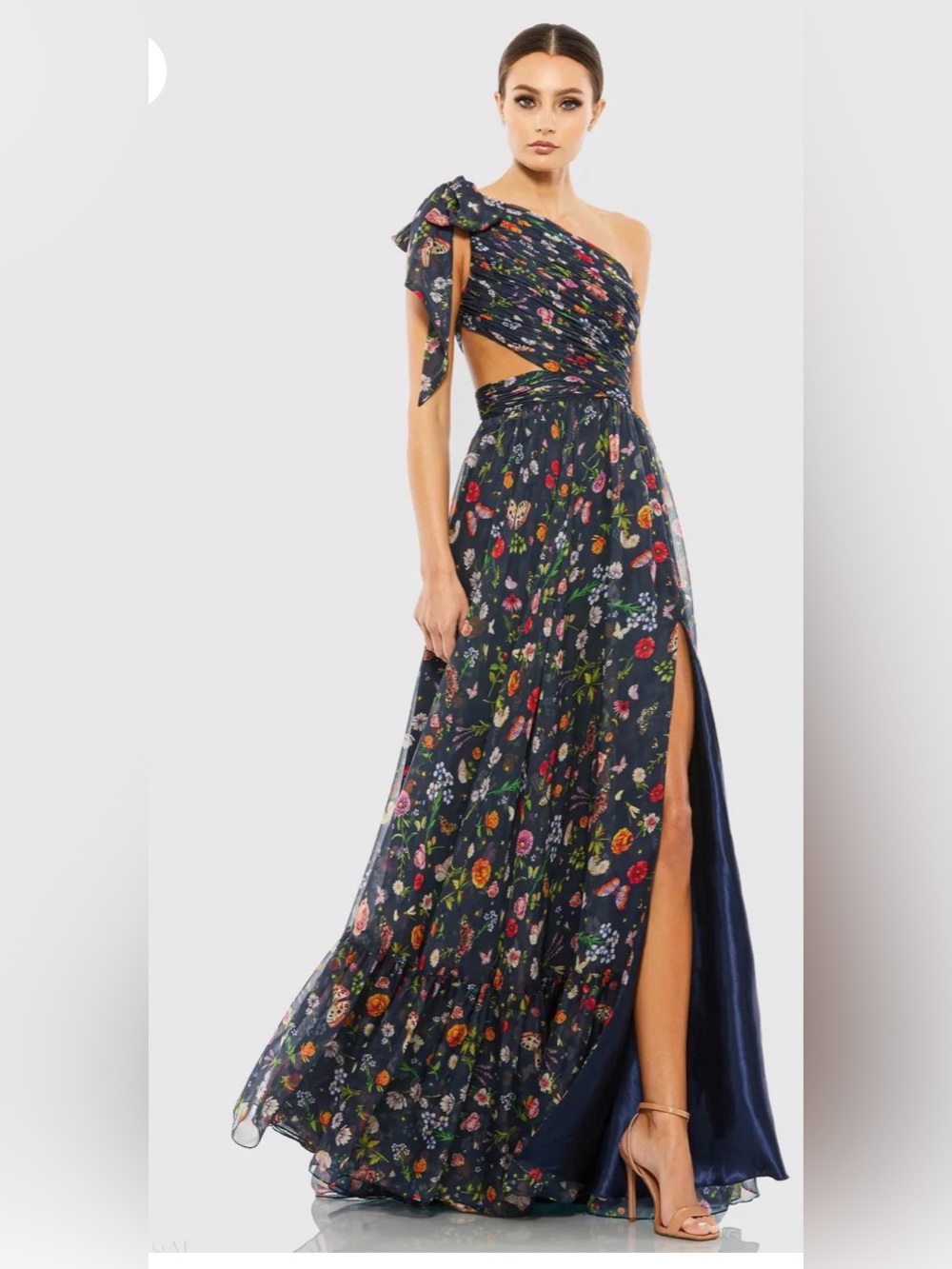 MacDuggal One-Shoulder Navy Floral Gown